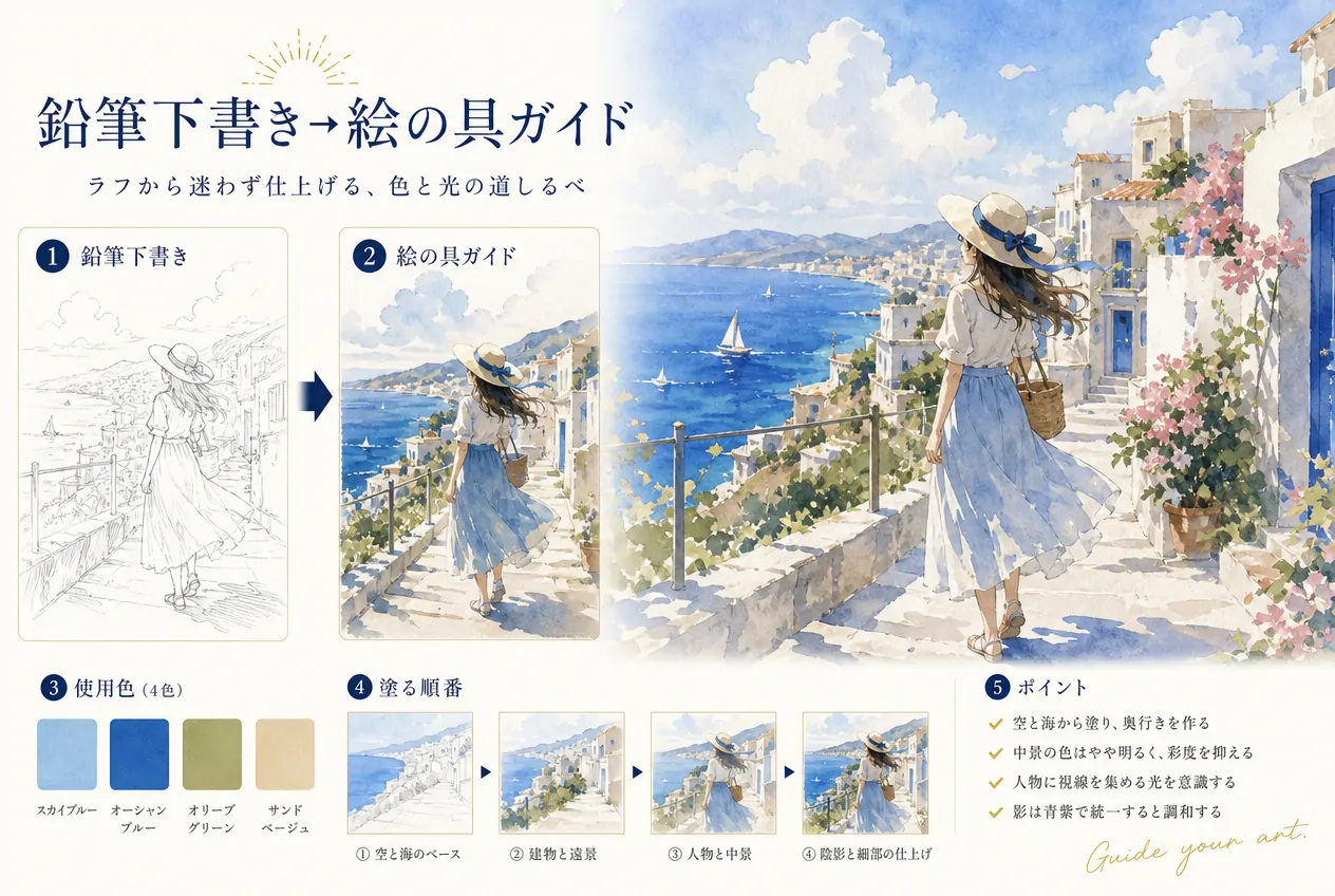 鉛筆下書き→絵の具ガイド / 生成サンプル