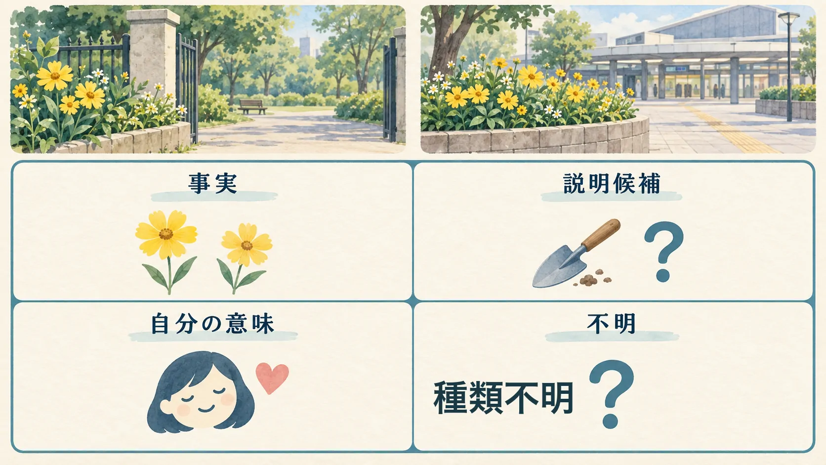 気になる偶然を「事実・別の説明・自分の意味」に分ける / 内容を表すイメージ