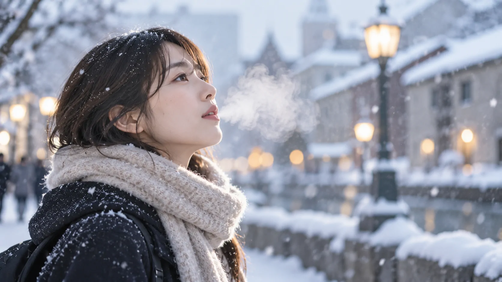 寒い屋外写真に自然な白い息を追加する / 生成サンプル