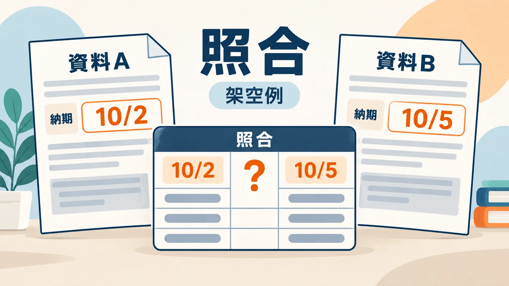 資料どうしの期限・担当・数値の食い違いを見つける / 内容を表すイメージ