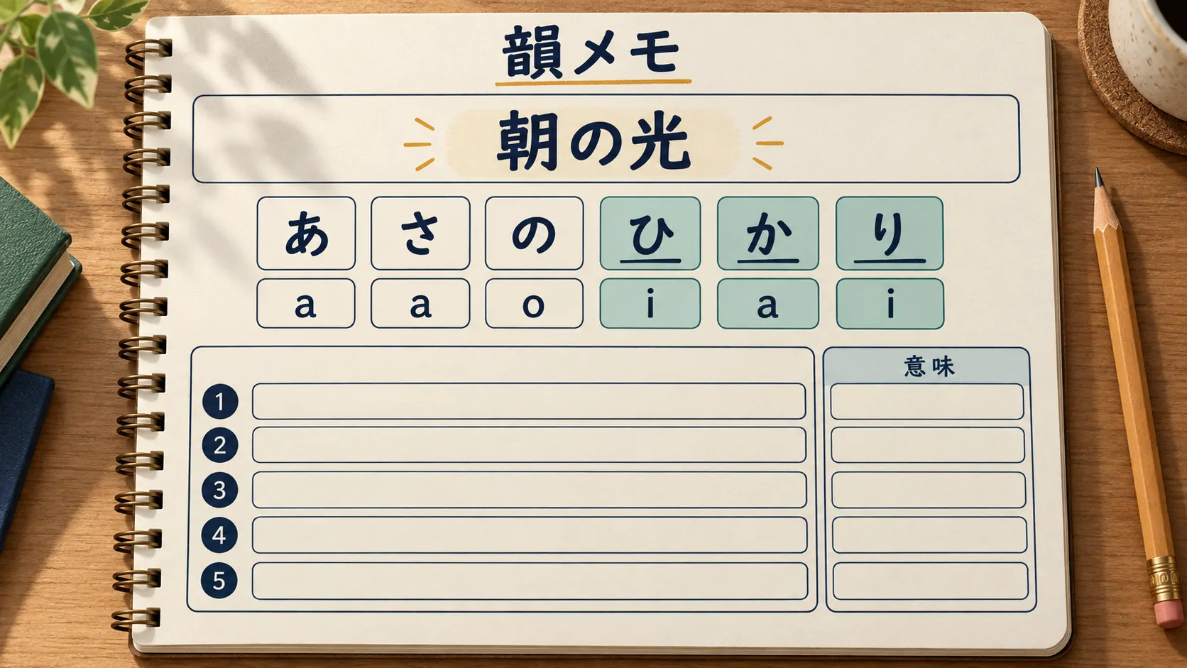 自作歌詞の読みと母音をそろえる韻メモ / 内容を表すイメージ